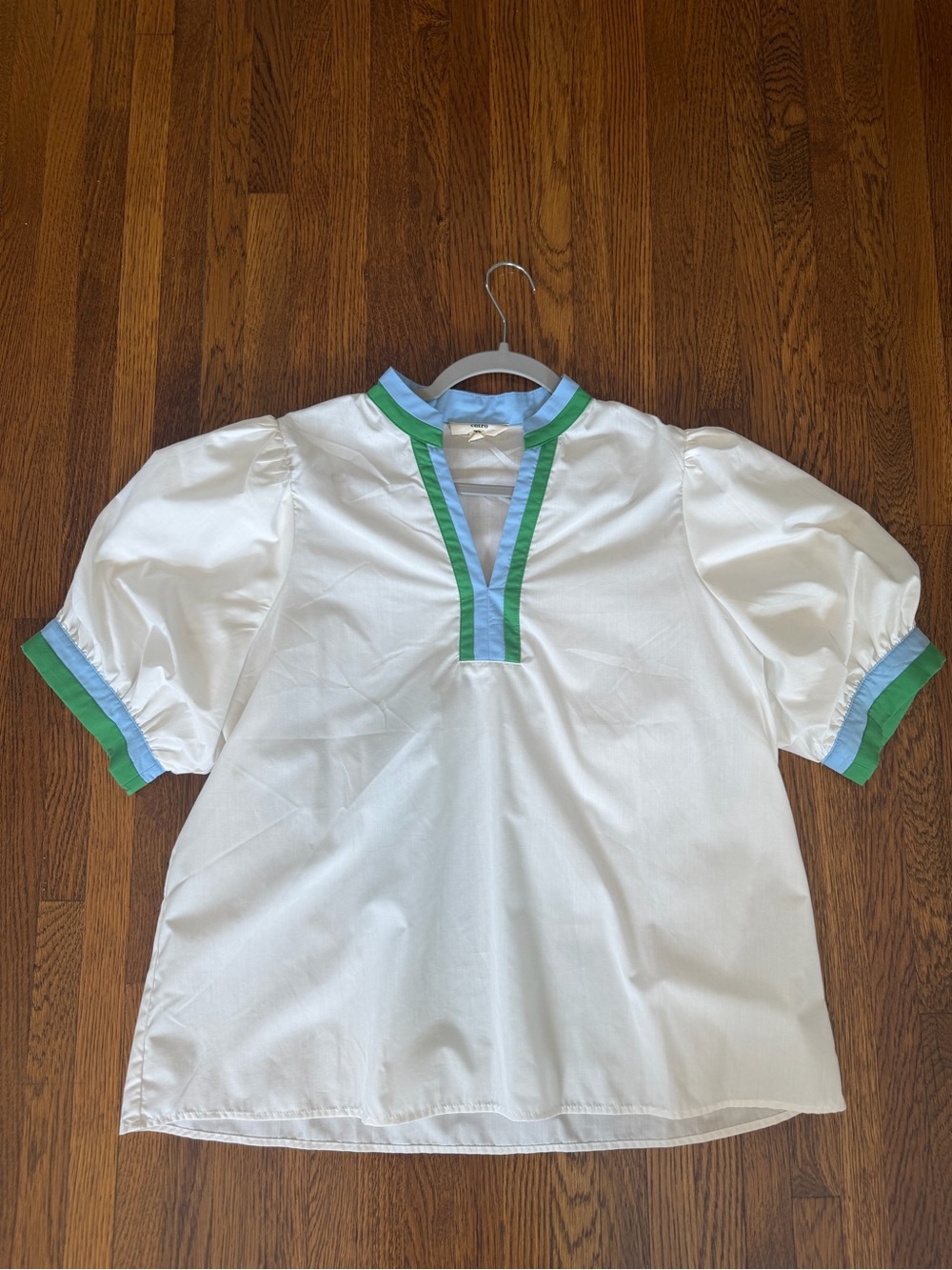Entro White Puff-Sleeve Top with Blue & Green Trim
